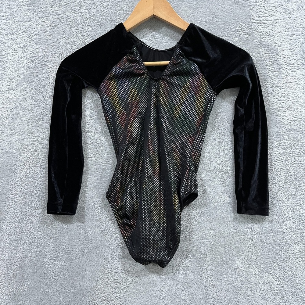GK Elite Gymnastics Leotard Womens Large Black Holographic Star Velvet Sleeve